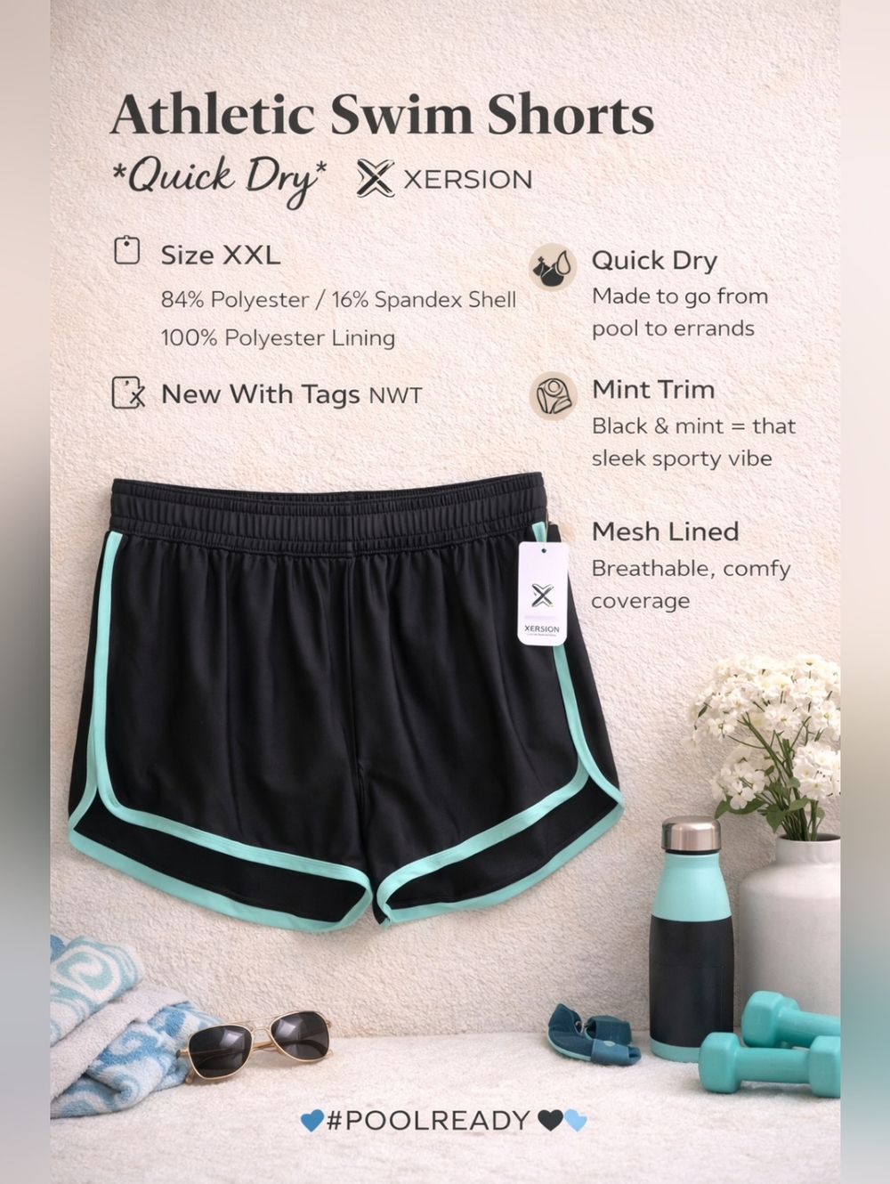 NWT- Xersion Black Shorts w/ Mint Trim | Size XXL | Quick Dry